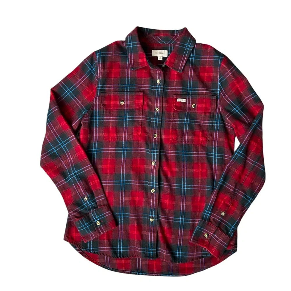 Brixton unisex button up flannel shirt in red, black and blue size small